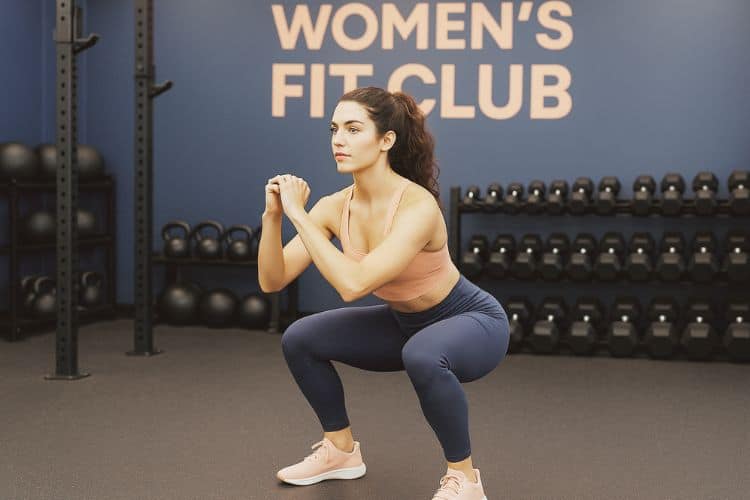 A beginner following a 30-minute compound workout routine, performing a bodyweight squat.