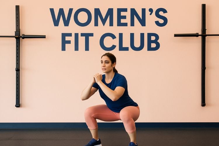 a woman doing bodyweight squats in a gym demonstrating proper squat form during 10-Minute Full-Body HIIT Workout for Beginners.