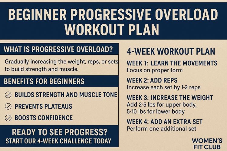 Simple infographic explaining how progressive overload works by increasing weight, reps, and sets over time