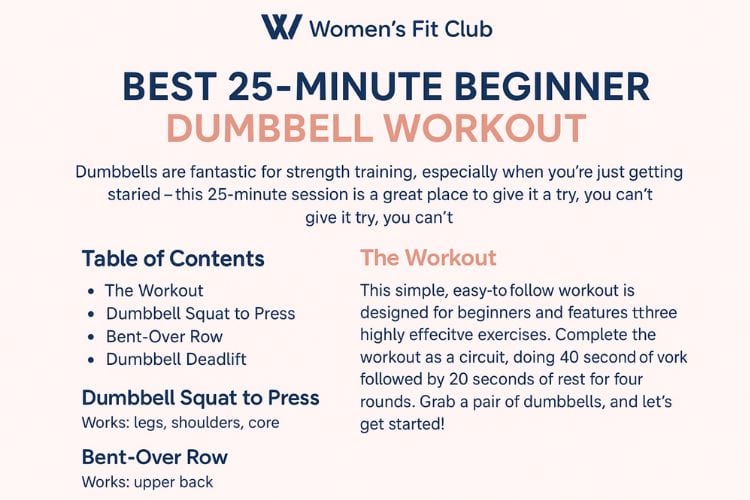 Infographic outlining the complete 25-minute beginner dumbbell workout circuit with exercises and timings