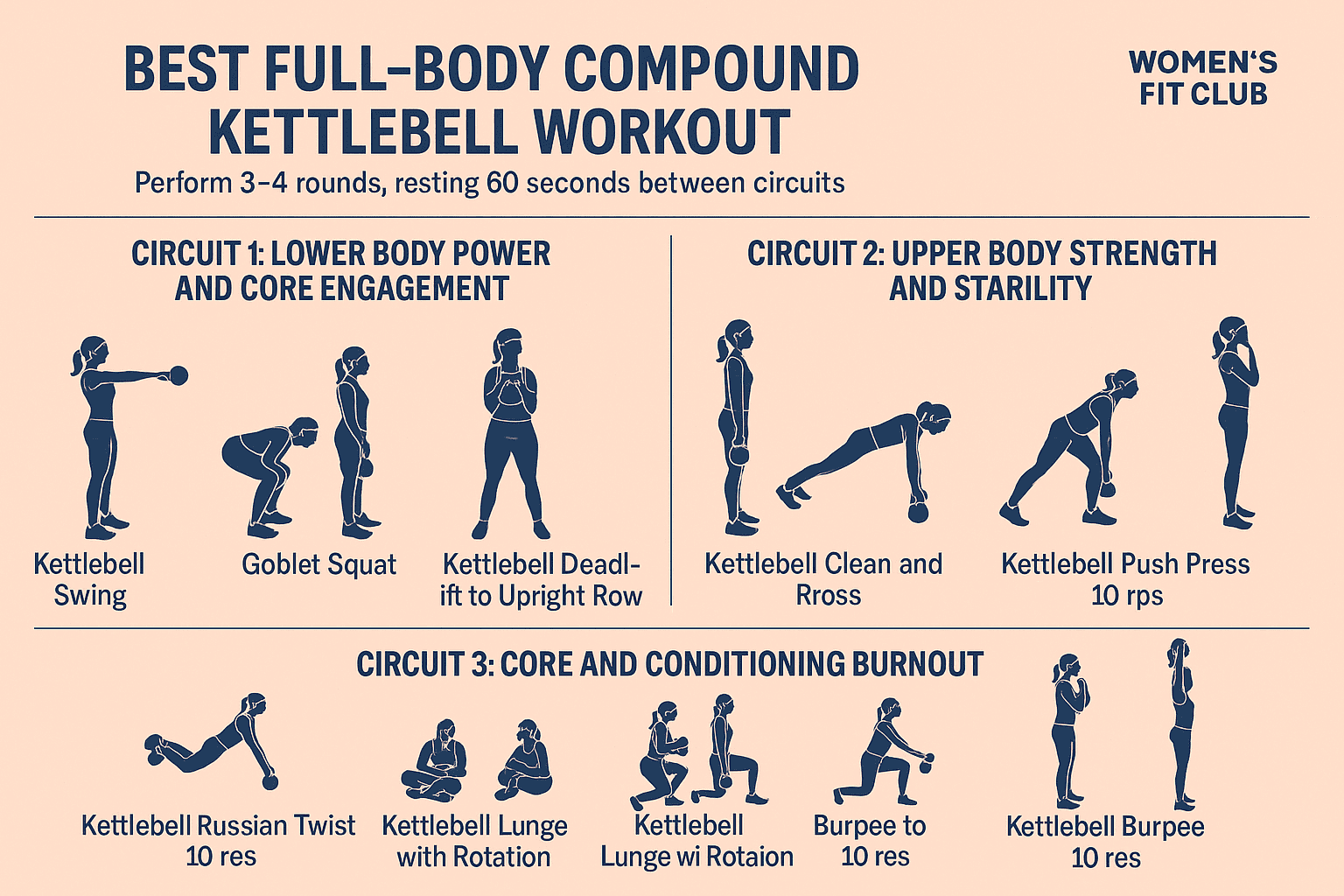 A complete infographic summarizing the full-body compound kettlebell workout, including exercises, sets, and reps.
