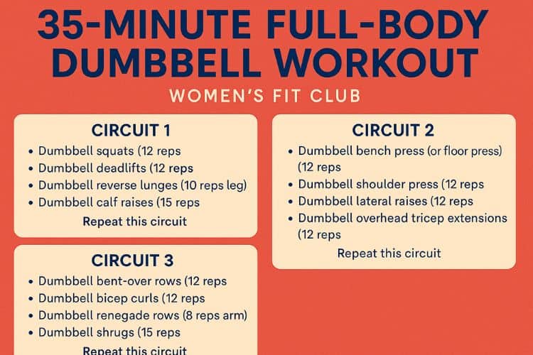 Infographic outlining the complete 35-minute full body dumbbell workout circuit and rest periods.