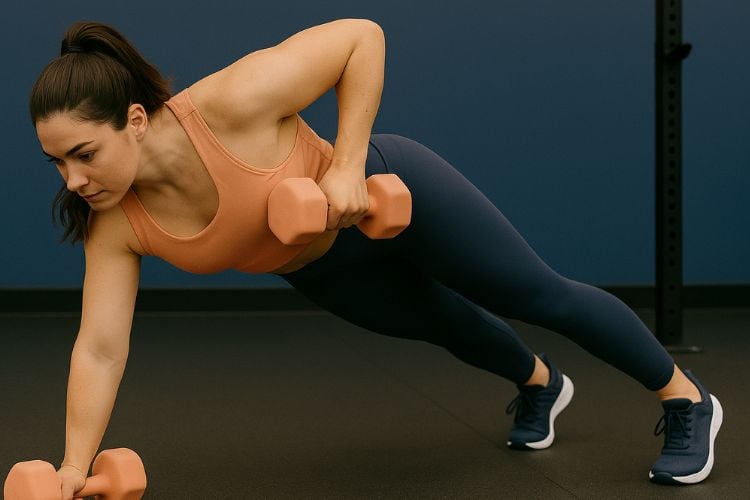 A fit woman performs a Dumbbell Side Plank Row. She holds a dumbbell in each hand at shoulder height, demonstrating proper squat form in the gym during 30 Minute Full Body Dumbbell Workout For Fat Loss.