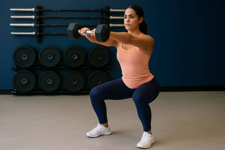 A woman performing a dumbbell front squat to rase in the gym as part of a 45 minute full-body dumbbell workout to lose weight.
