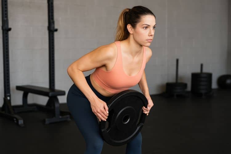 A fit woman performing weight plate bent over row in the gym during a 45-minute full-body HIIT workout with weight plates