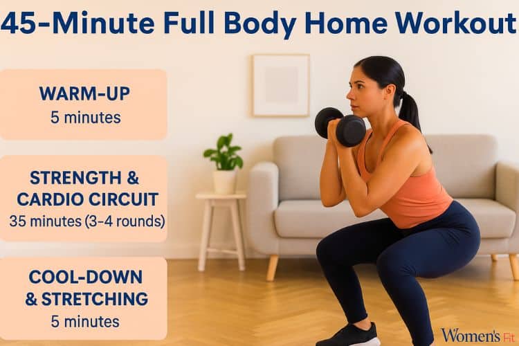 45-minute full body home workout infographic featuring a woman performing dumbbell squats in a living room, with workout breakdown