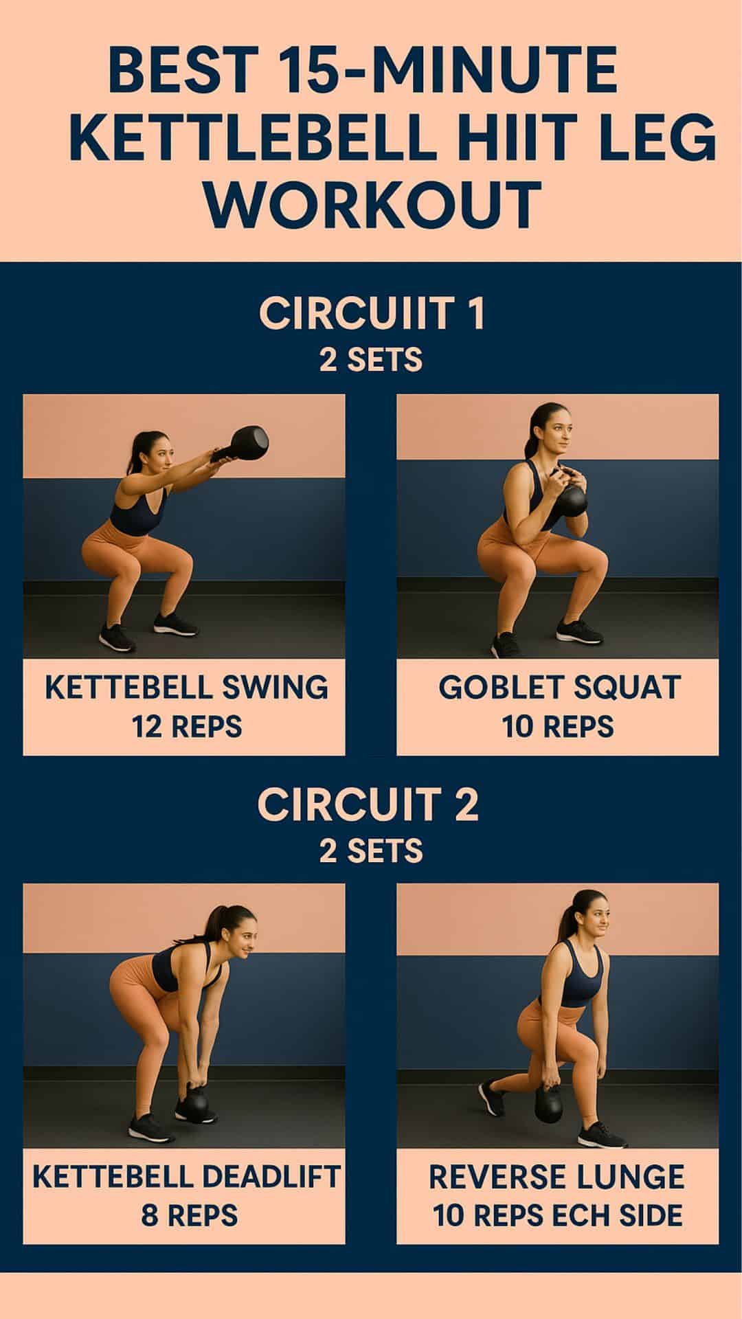 Infographic: 15-Minute Kettlebell HIIT Leg Workout with exercises including Goblet Squats, Swings, and Lunges. Visual guide showing 45-second work and 15-second rest intervals, with key tips on form and a single medium-weight kettlebell.