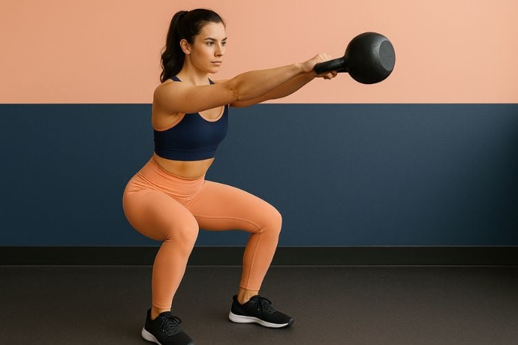 woman performing kettlebell swing during 15-minute kettlebell HIIT leg workout in the gym