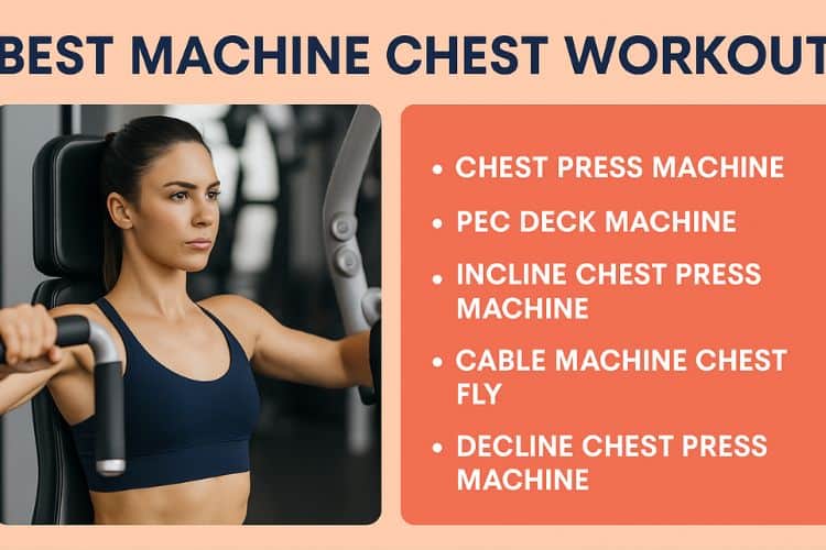 Infographic showing best machine chest workout with a woman using a chest press machine