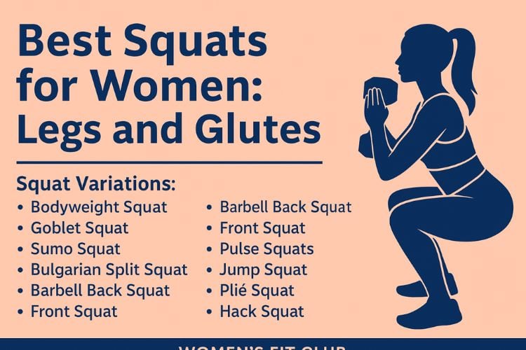 Infographic titled Best Squats for Women: Legs and Glutes” in peach and navy colors