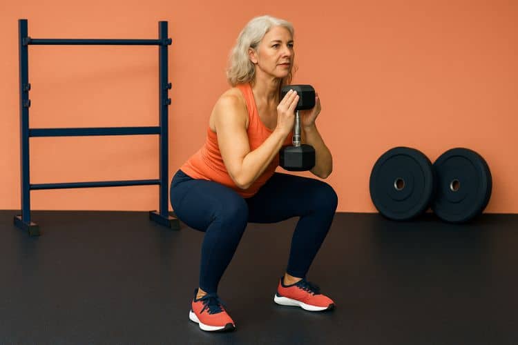 A confident woman over 40 performing a full body Goblet Squat workout with dumbbells in a gym during best Workout Split For Women.