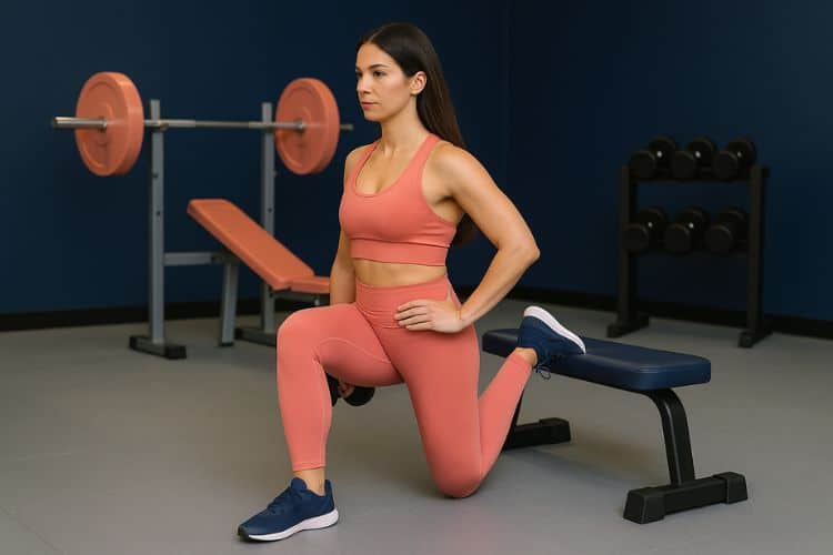 A woman over 30 confidently performing Bulgarian Split Squats in a gym during workout splits for women.
