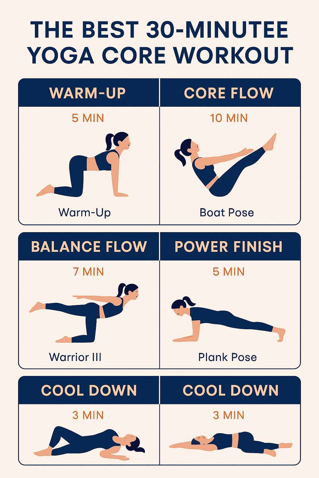 Infographic showing a strong core yoga workout, including better balance and posture