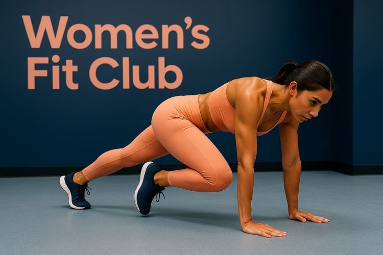 woman performing a 20 minute calisthenics workout in a gym demonstrating a mountain climbers workout