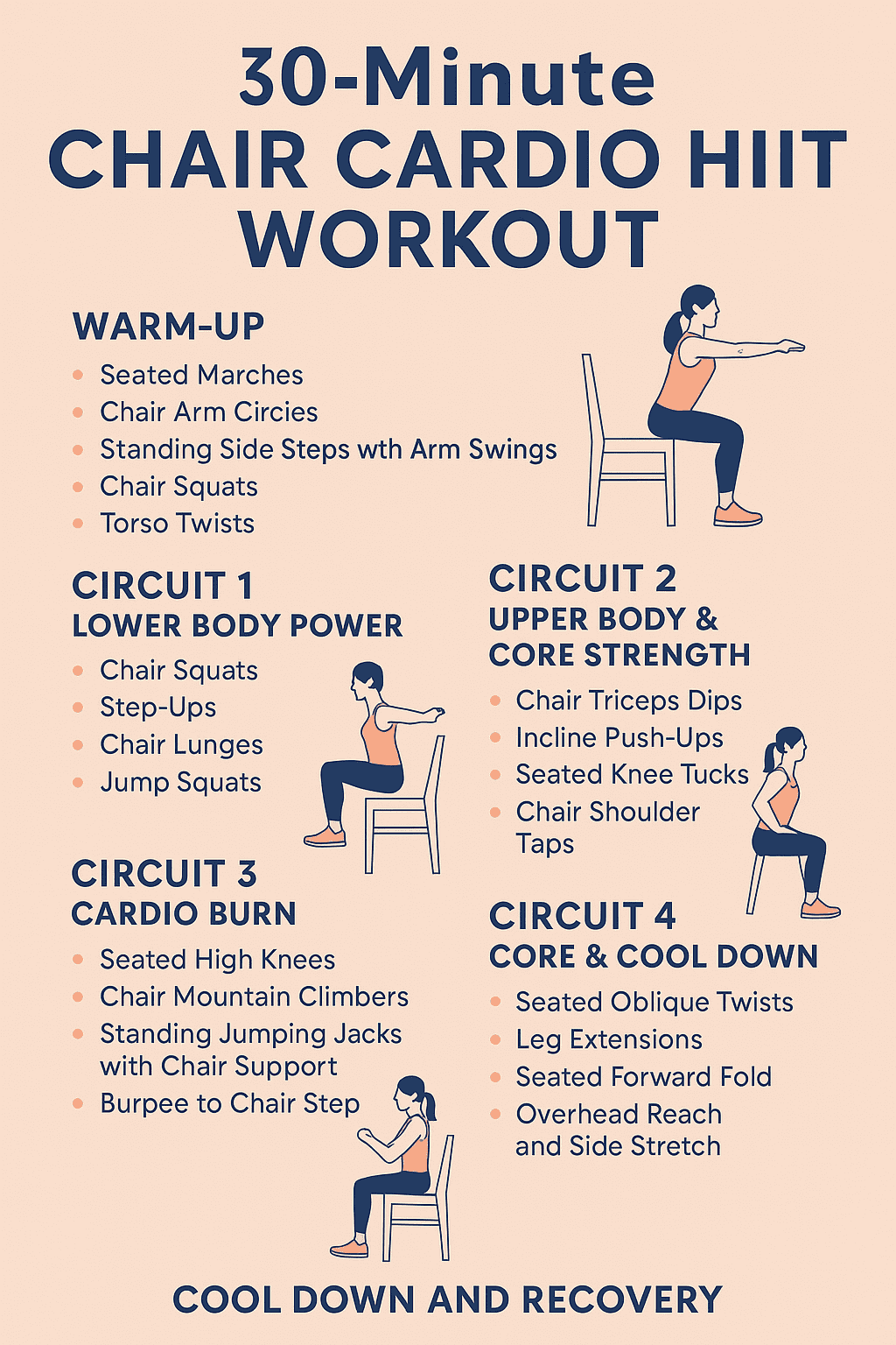 infographic of women performing a chair squat Step-Ups, Chair Lunges, Jump Squats, Chair Triceps Dips, Chair Shoulder Taps on a sturdy wooden chair at home, demonstrating a move from a 30-minute cardio HIIT chair workout. 