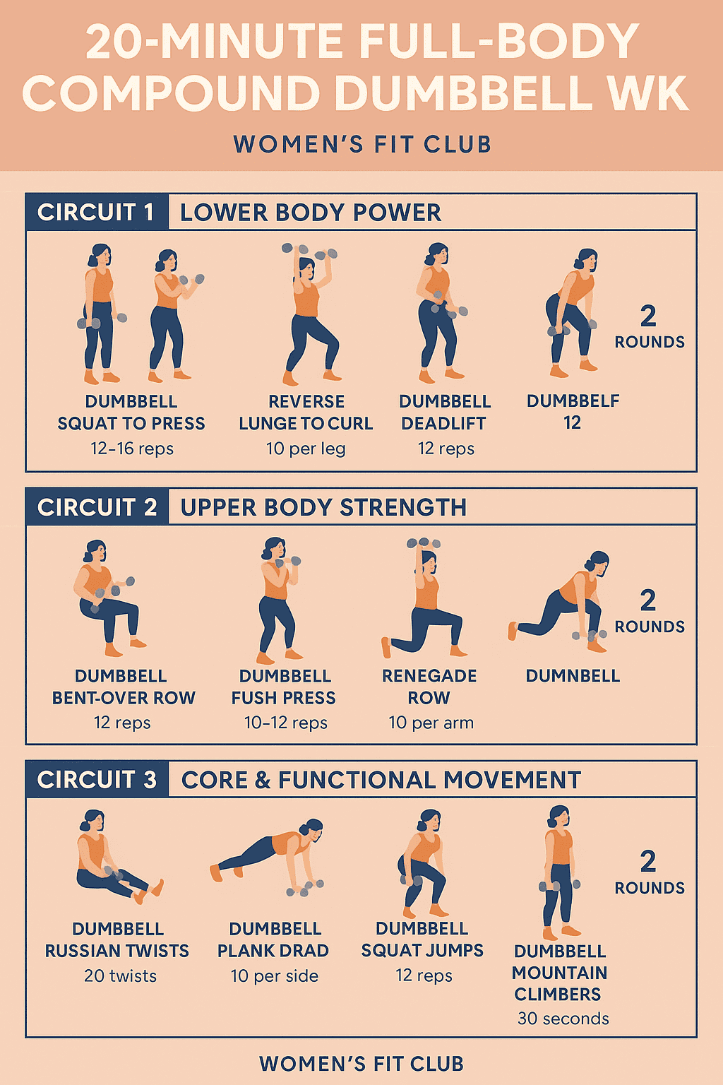 Infographic summarizing the 20-minute full body compound dumbbell workout circuit and rest periods.