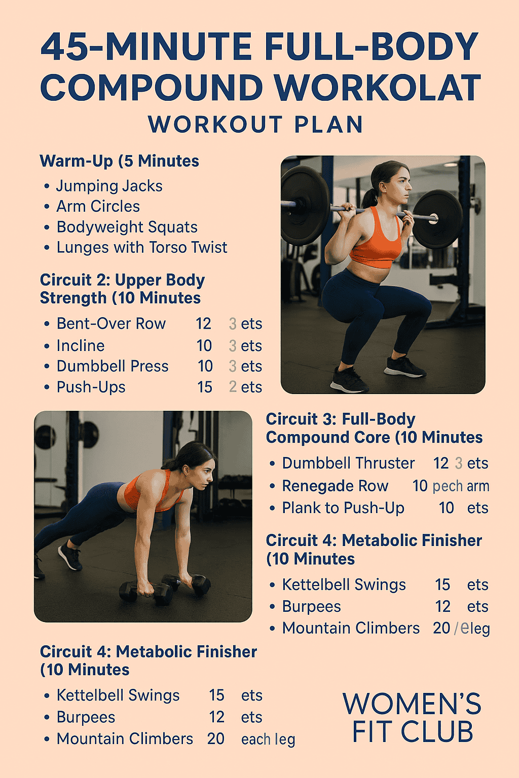 Infographic of the 45-minute full body compound workout plan with exercises, sets, and reps.