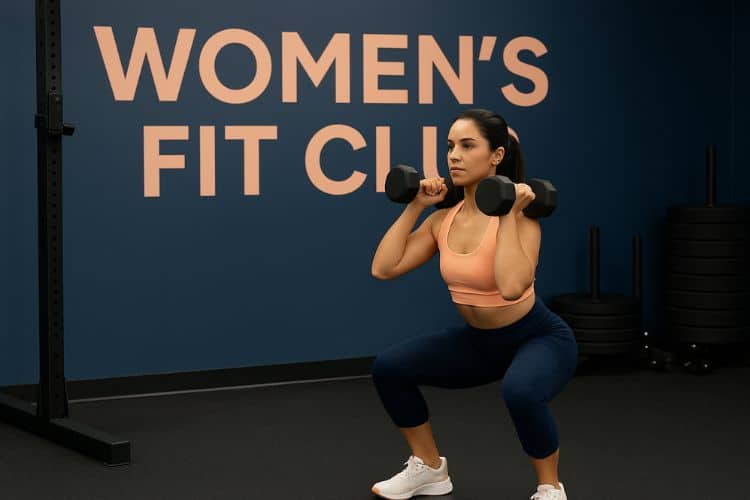 Woman performing a Dumbbell Squat to Press, a key exercise in a 20-minute full body compound workout