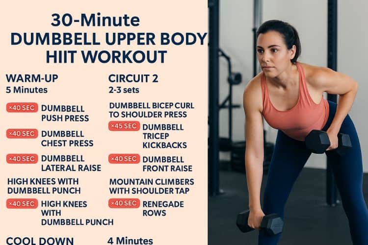Infographic: 30-Minute Dumbbell Upper Body HIIT Workout. A visual guide showing a circuit of 8 exercises: Dumbbell Thrusters, Renegade Rows, Push Press, Bent-Over Reverse Flyes, Dumbbell Floor Press, Bicep Curls to Overhead Press, Skull Crushers, and Plank Dumbbell Drags. The workout structure is 45 seconds of work followed by 15 seconds of rest for each exercise, repeated for 3 total rounds. A woman demonstrates proper form for each exercise with a pair of dumbbells.