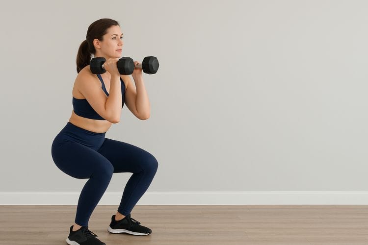 A fit woman performs a dumbbell squat to press. She holds a dumbbell in each hand at shoulder height, demonstrating proper squat form in the gym during 20-minute full-body dumbbell weight loss workout plan.