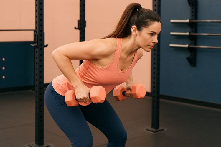 a woman performing dumbbell bent over rows during a 10 minute full body dumbbell workout in the gym.