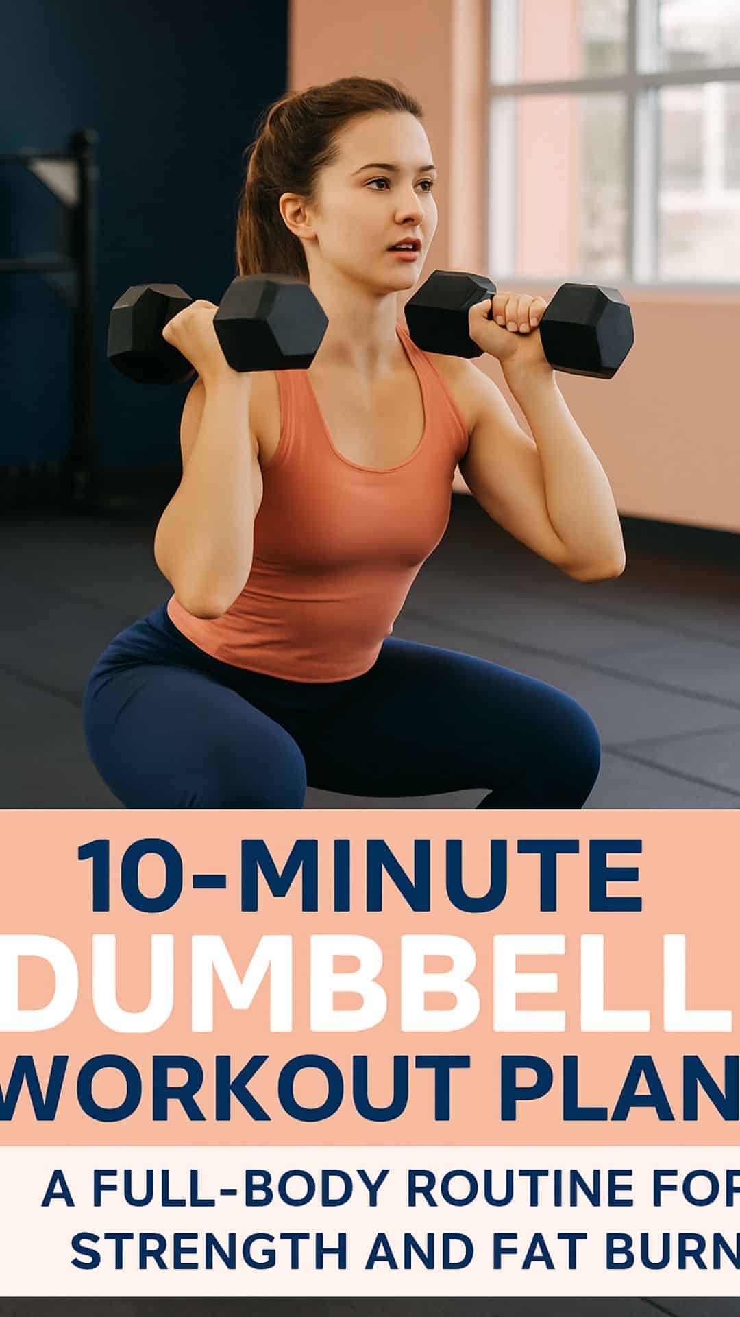 10-minute full body dumbbell workout plan Step-by-step infographic for the Dumbbell Squat to Press, a compound exercise for a full-body workout. Step 1: Stand with feet shoulder-width apart, holding a dumbbell in each hand at shoulder height (rack position). Step 2: Lower into a squat, keeping chest up and knees behind toes. Step 3: Drive through heels to stand up, using the momentum to press the dumbbells directly overhead until arms are fully extended. Step 4: Lower the dumbbells back to shoulders with control. The graphic also highlights key form tips: maintain a tight core, keep elbows in front of the body, and exhale during the press. This exercise effectively targets the glutes, quads, shoulders, and core.