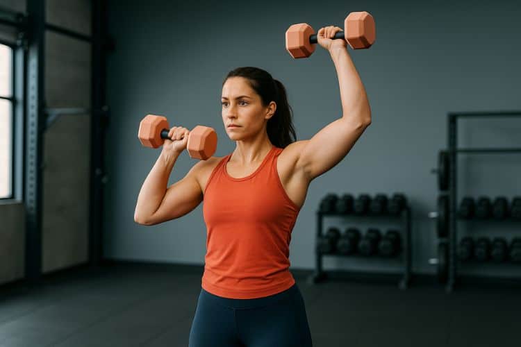 A woman performing a dumbbell bicep to shoulder press in a gym setting as part of a 35-minute full-body dumbbell workout to get lean.