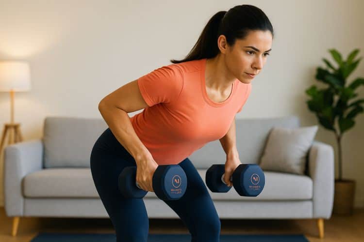A woman performing a dumbbell bent over row at home as part of a 35 minute full-body effective dumbbell workout at home.