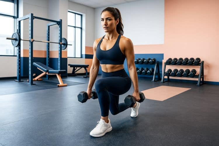 A woman performing a dumbbell reverse lunge in a gym setting as part of a 35-minute full-body fat burning dumbbell workout circuit.