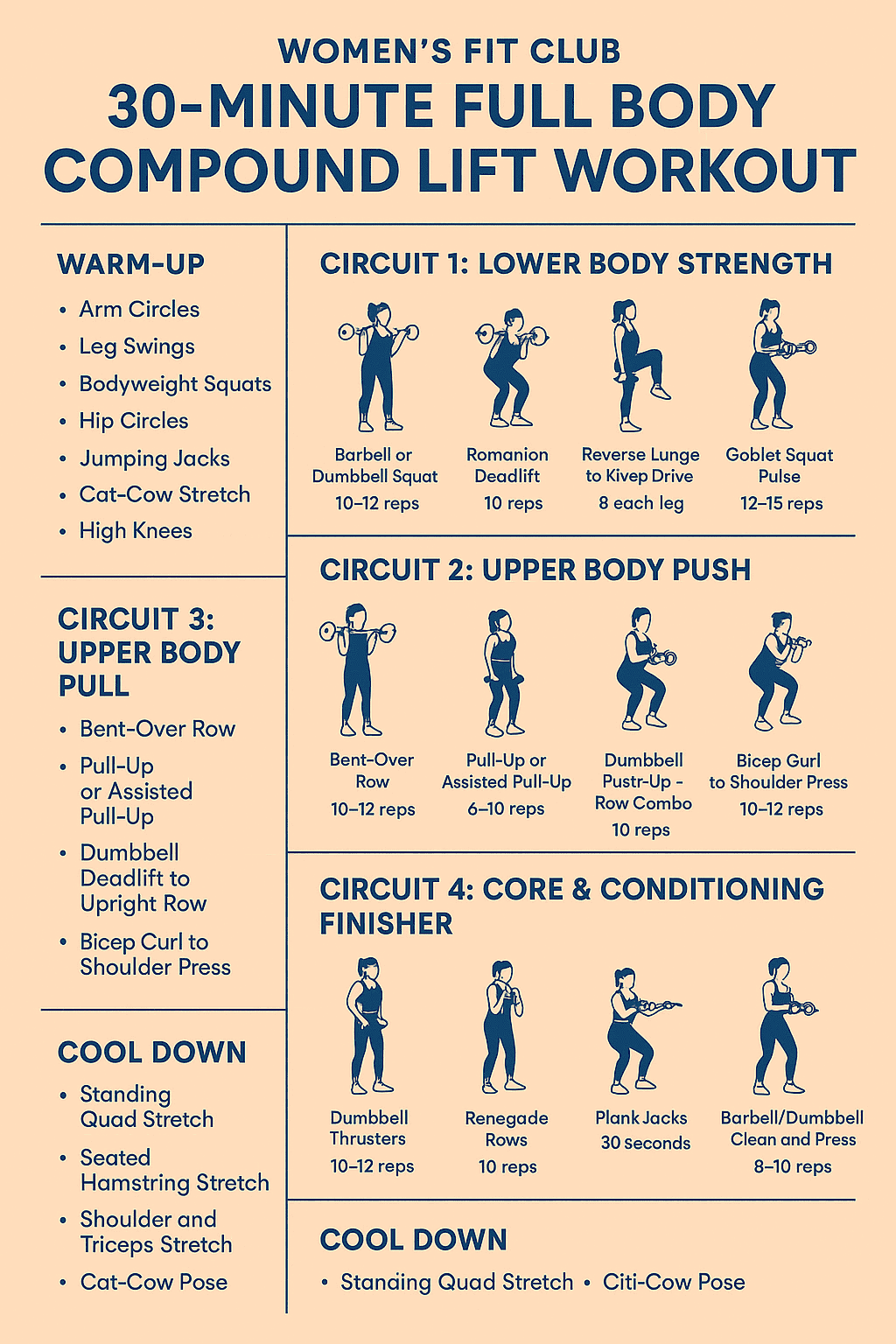 Infographic outlining the 30-minute full body compound lift workout plan and schedule.