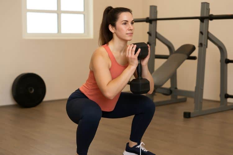 A woman performing a dumbbell goblet squat in a gym setting as part of a 45-minute full-body dumbbell strength workout.