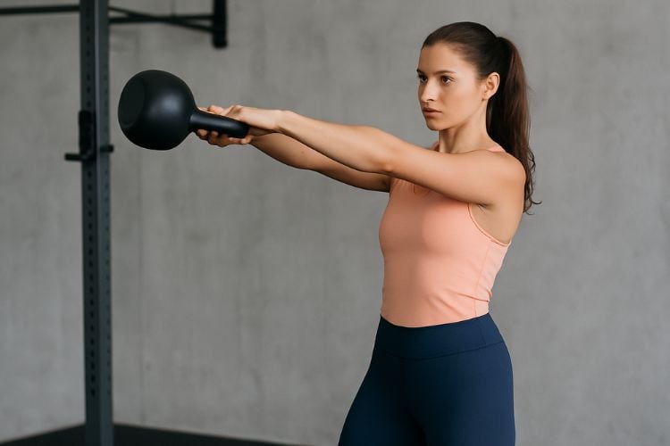 Woman performing kettlebell swing in gym during 30-Minute Full-Body Kettlebell HIIT Workout moves