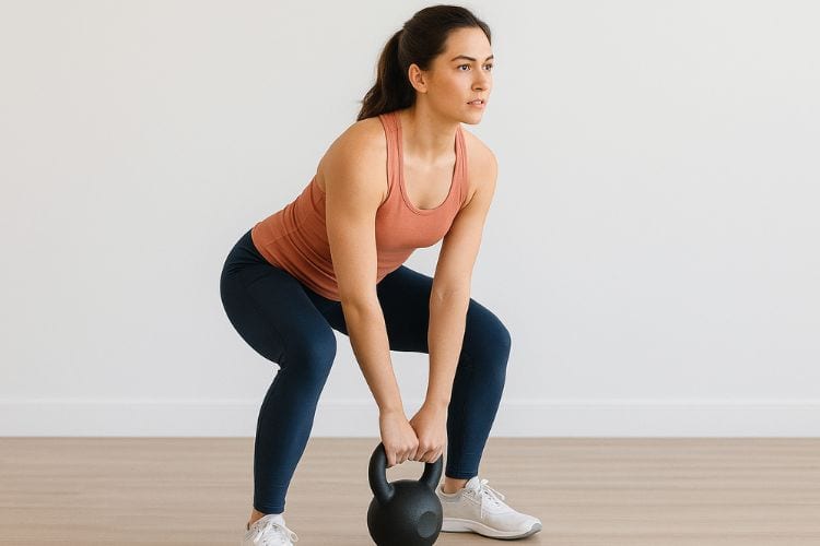 A person performing a dynamic two-handed kettlebell swing during a 15-minute full-body workout.