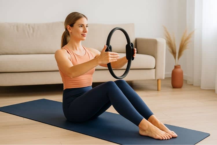 woman performing a full body Pilates ring workout at home, smiling and holding a magic circle.