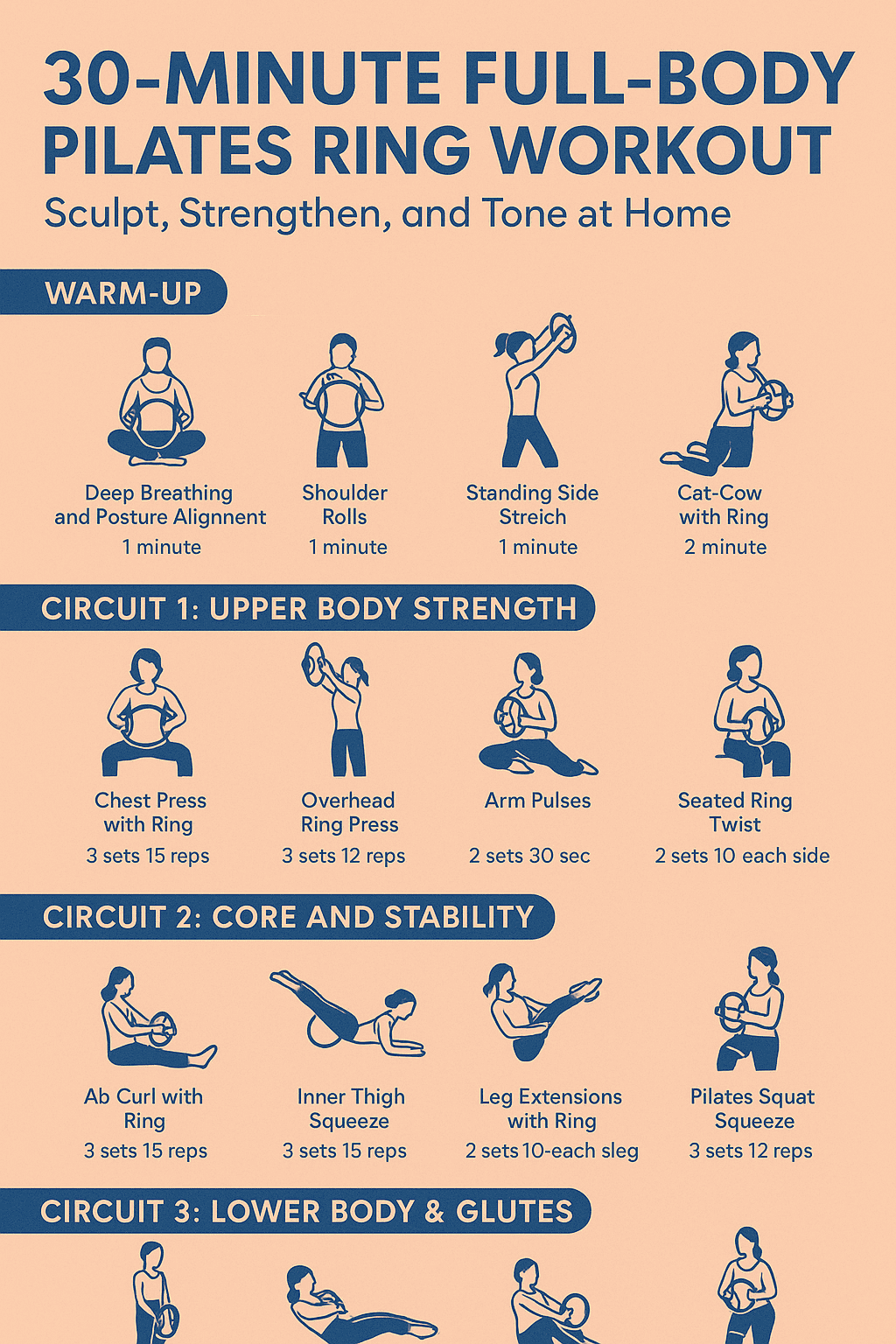 Infographic: The 30-Minute Full Body Pilates Ring Workout flow chart, showing exercises for arms, core, legs, and glutes.