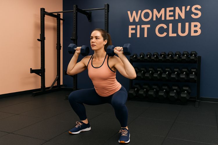 A woman performing a Dumbbell Squat to Press in a 30-minute full body compound workout
