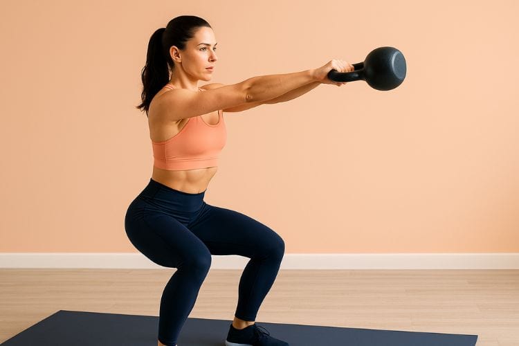 A fit woman performs a kettlebelll swing. She holding a kettlebell in both hands  demonstrating proper kettlebell swing form in the gym during 10-Minute Full Body Kettlebell Workout