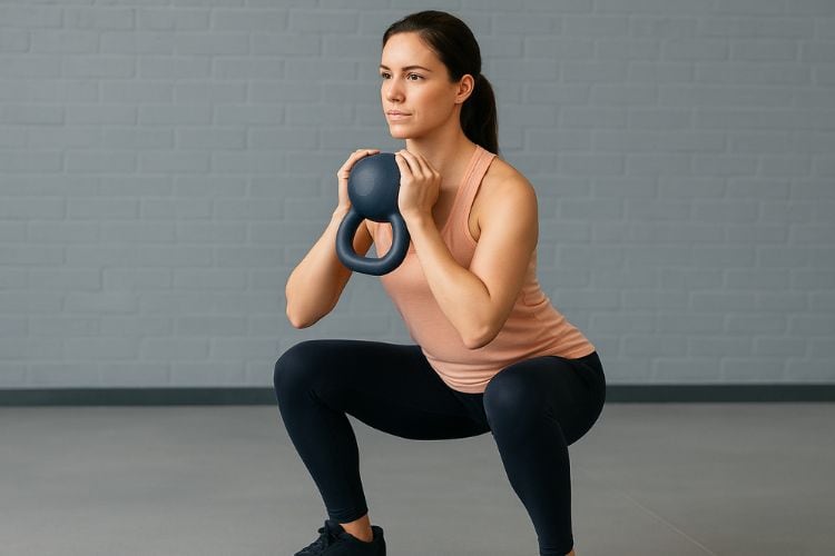 A woman performing a powerful Kettlebell Goblet Squat during a 45-minute full-body kettlebell workout
