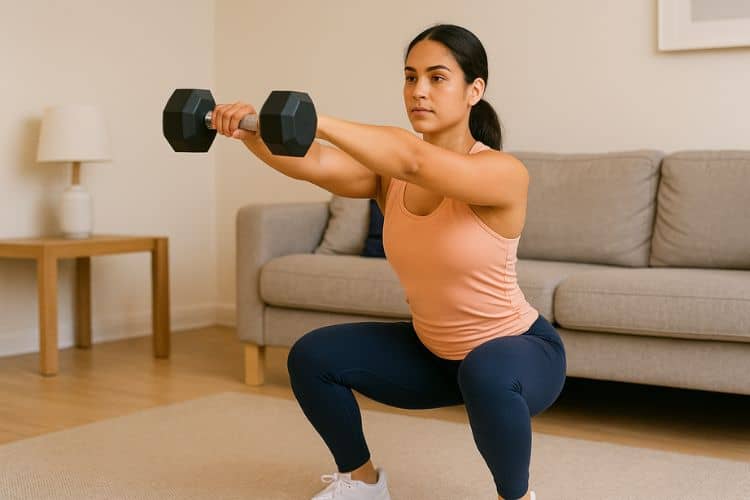 A woman performing a dumbbell squat to front raise at home setting as part of a 35-minute full-body home dumbbell workout to lose weight.