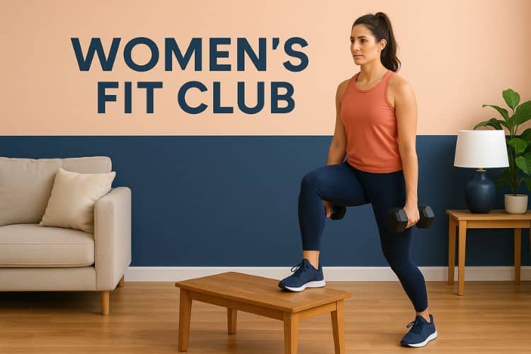 A woman performing a dumbbell lateral step up at home as part of a 25 minute full-body functional fitness dumbbell workout.