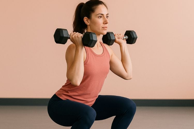 A person smiling while holding a pair of dumbbells, ready to begin a quick and effective 10 minute good morning dumbbell workout at home.