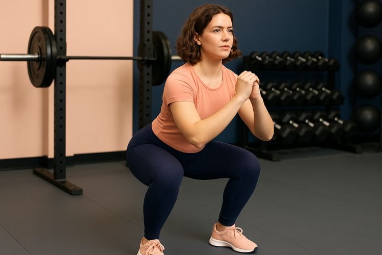 Beginner learning the correct form for a bodyweight squat in a 30-minute good morning beginners workout