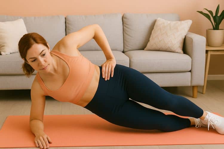 A woman performing side plank hip dips at home as part of a 30 minute HIIT ab workout at home.