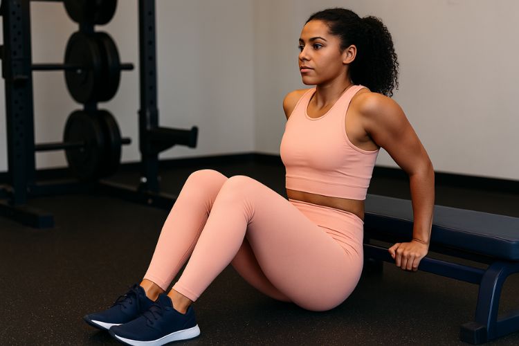 Woman performing a bodyweight triceps dip during a 35 minutes HIIT arm workout with no equipment in the gym.