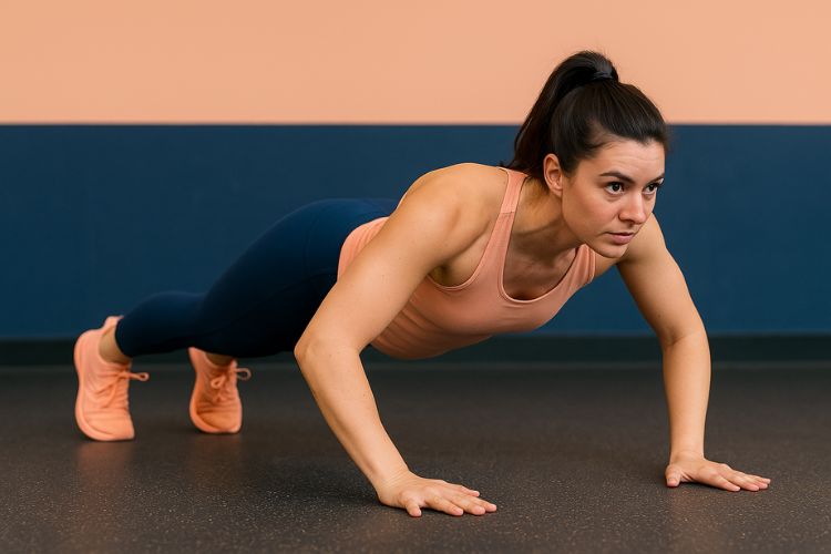 A woman performing push ups in the gym as part of a 15 minute no-equipment HIIT arm workout.