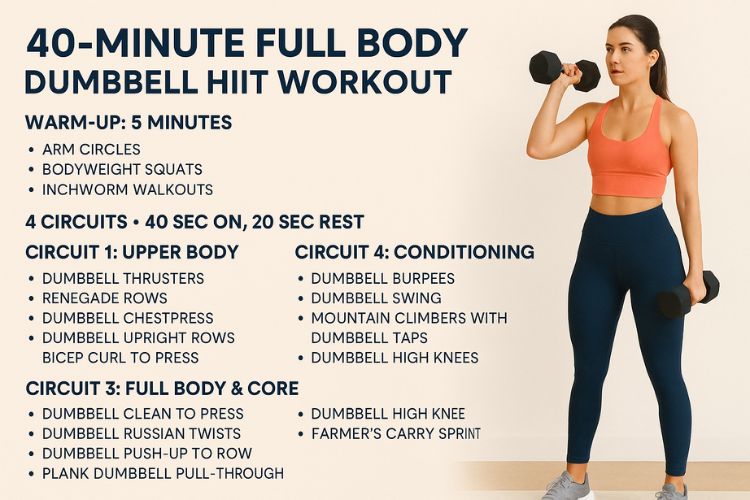 infographic of the 40-minute full body dumbbell HIIT workout routine and structure.