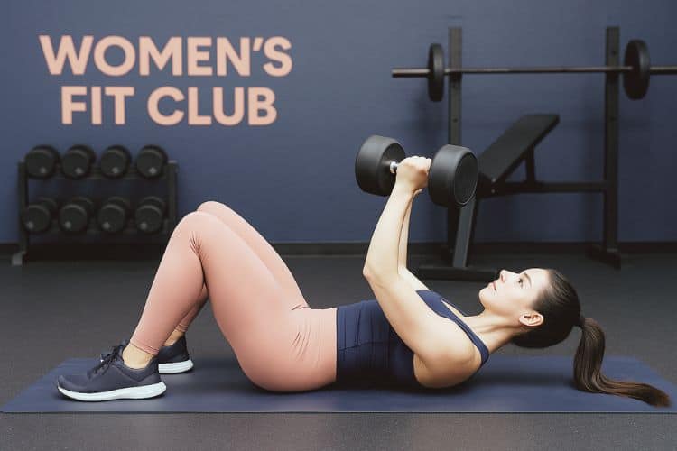 woman performing dumbbell floor press during 20-minute upper body HIIT dumbbell workout in the gym