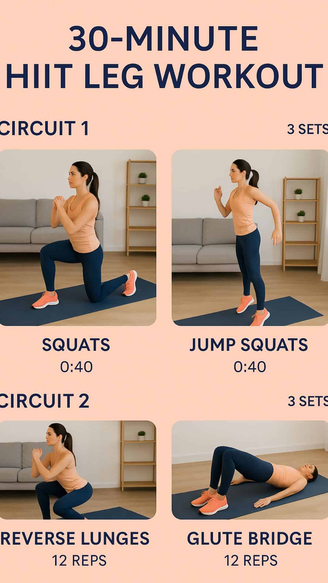 Infographic: A 30-Minute At-Home HIIT Leg Workout. The graphic is divided into sections: a 5-minute warm-up (jogging in place, leg swings), the main 20-minute HIIT circuit with 10 exercises performed for 45 seconds work and 15 seconds rest, and a 5-minute cool-down. The exercises are: 1. Bodyweight Squats, 2. Alternating Reverse Lunges, 3. Glute Bridges, 4. Jump Squats (Plyometric), 5. Lateral Lunges, 6. Alternating Curtsy Lunges, 7. Calf Raises, 8. Static Lunges, 9. Single-Leg Glute Bridges (per side), and 10. Wall Sit.