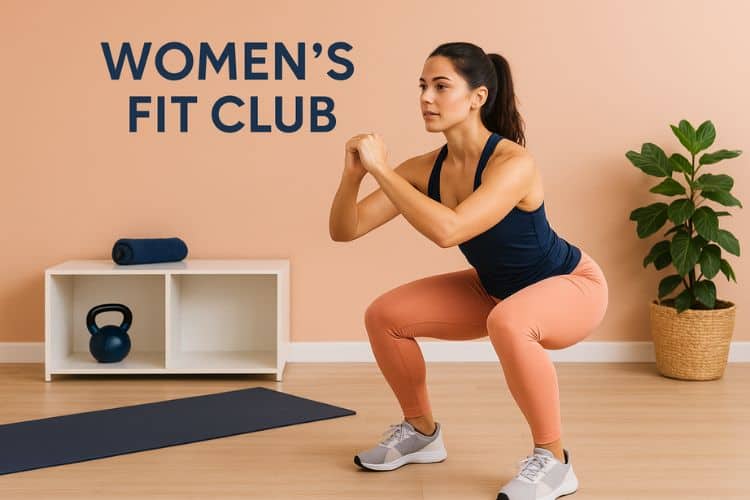 Beginner performing a bodyweight squat during a 30-minute at-home HIIT leg workout