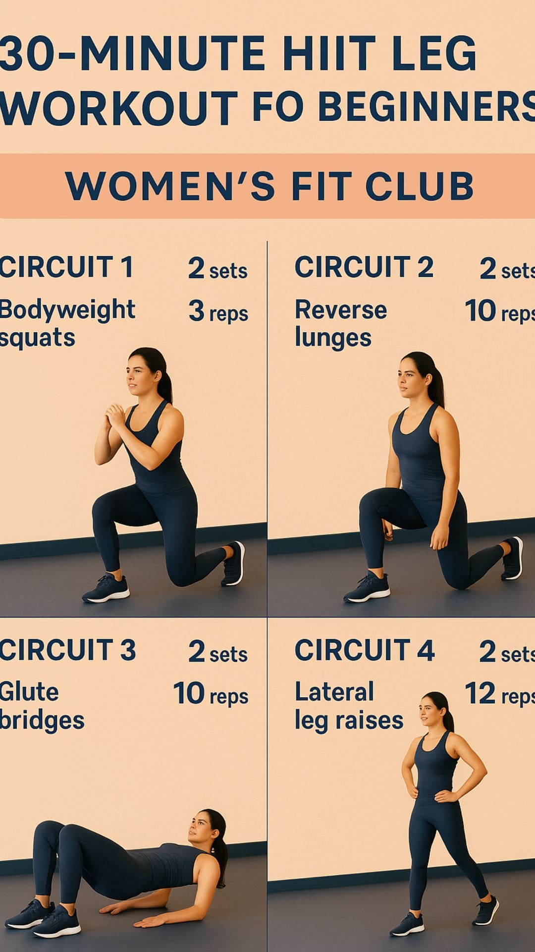 Infographic: A 30-minute beginner-friendly HIIT leg workout. The circuit includes bodyweight squats, reverse lunges, glute bridges, and standing calf raises, performed in 40-second work and 20-second rest intervals. The infographic illustrates a person demonstrating each exercise with clear instructions and lists benefits like building strength, boosting metabolism, and improving endurance.